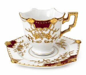 Vintage Uchagoshima Hand Painted Japan Teacup & Square Saucer Burgundy Gold Gilt